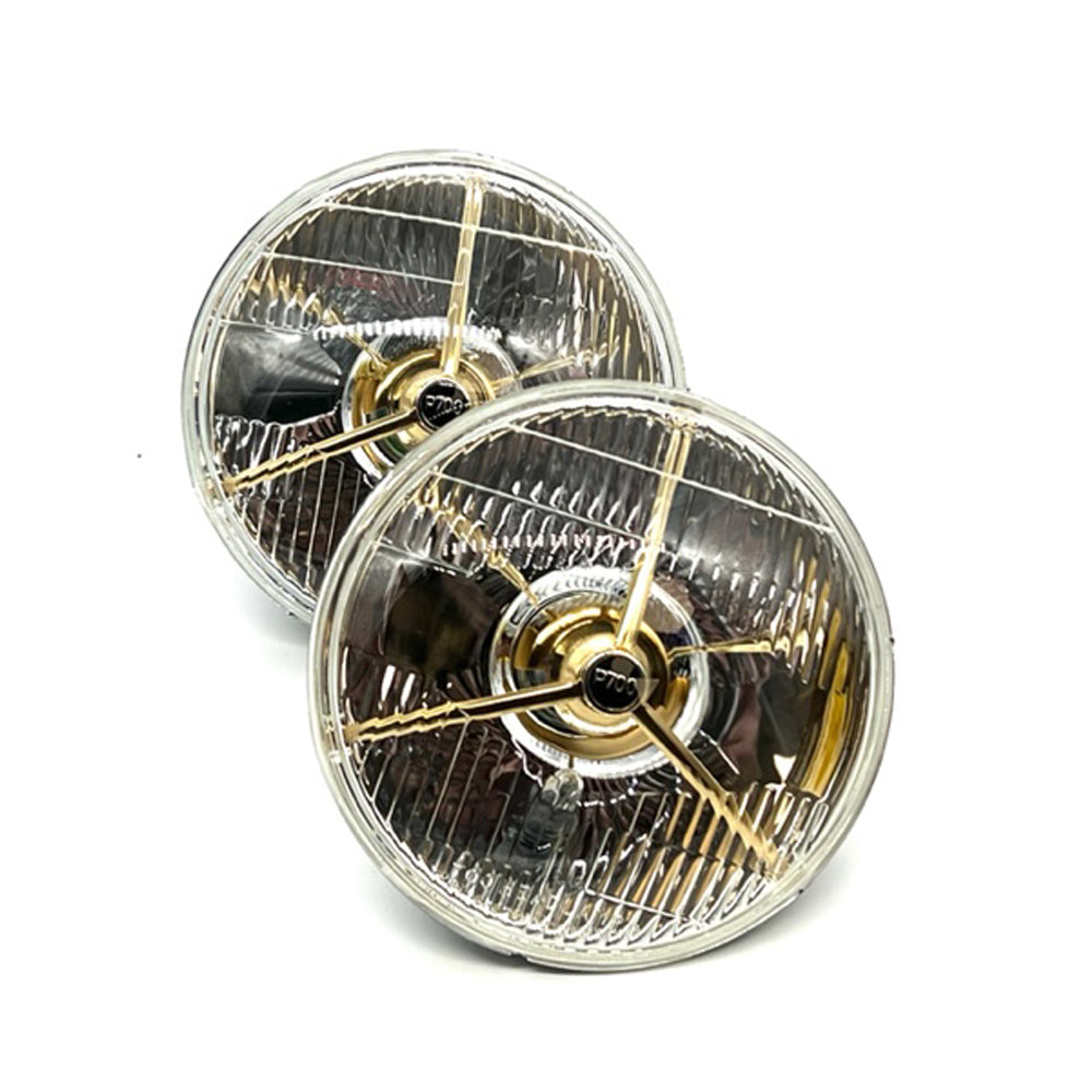 Pair 7" Lucas Type P700 Tripod Halogen Headlamps inc H4 Bulbs