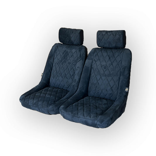 Pair BB1 Clubsport Suede Quilted Diamond Stitch Classic Bucket Seats with Headrests + Universal Runners