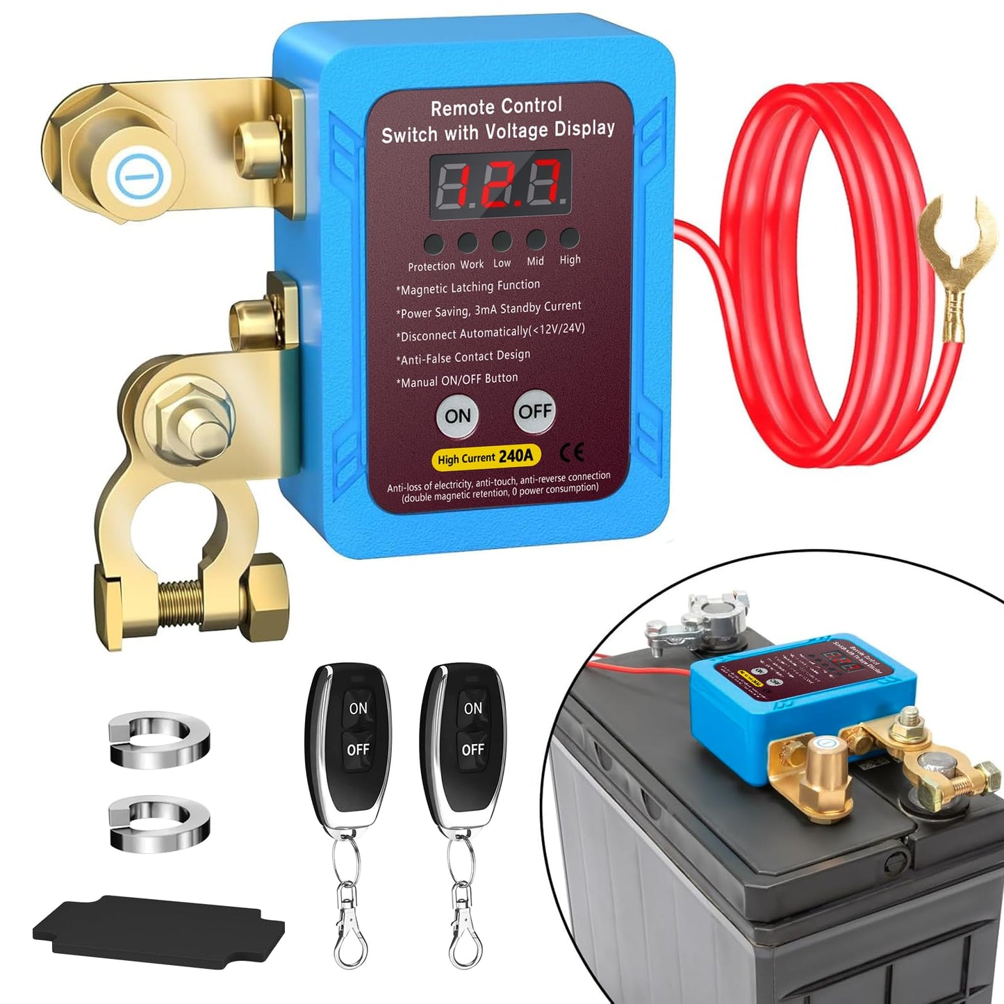 Remote Controlled Battery Isolator Cut Off Switch 12v 24v with Volt Display