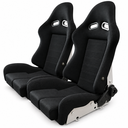 Pair JDM Style BB7 Fibreglass Fabric Reclining Bucket Sports Seats + Runners